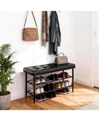 Shoe Rack Bench, Mid-Century Modern Storage Bench for Entryway, Crafted in Waxy Leather with Stitching Detail, 300Lb Load Capacity