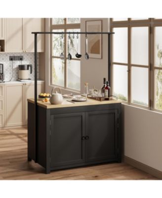 42" Kitchen Island with Storage, Heavy Duty Mobile Cart with Solid Wood Top, Shelves & Hooks, Black