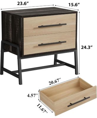 Farmhouse Nightstand with Drawers, Light Wood Side Table with Metal Legs, Bedside Storage Table, Dark Brown