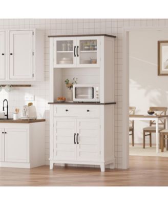 72" Farmhouse Coffee Bar Cabinet, Buffet Sideboard with Storage Drawers and Glass Doors for Kitchen or Dining Room, White