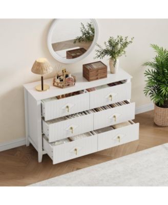 47" Wide Fluted Dresser, 6 Drawer Modern Wood Storage Chest for Bedroom or Living Room, White
