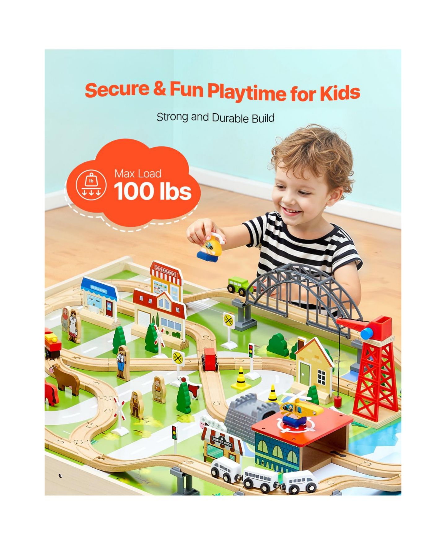 Детские игрушки Slickblue Train 120-Piece Wooden Activity Table with Collapsible Storage, цвет: Натуральный — фото 6