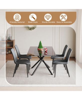 59-inch Expandable Dining Table Set with 4 Gray Chairs, Black Glass Top & X-Base