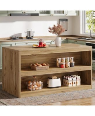 59-Inch Kitchen Island with Storage, 3-Tier Farmhouse Stationary Island Table with Large Worktop & Seating Area, Breakfast Counter