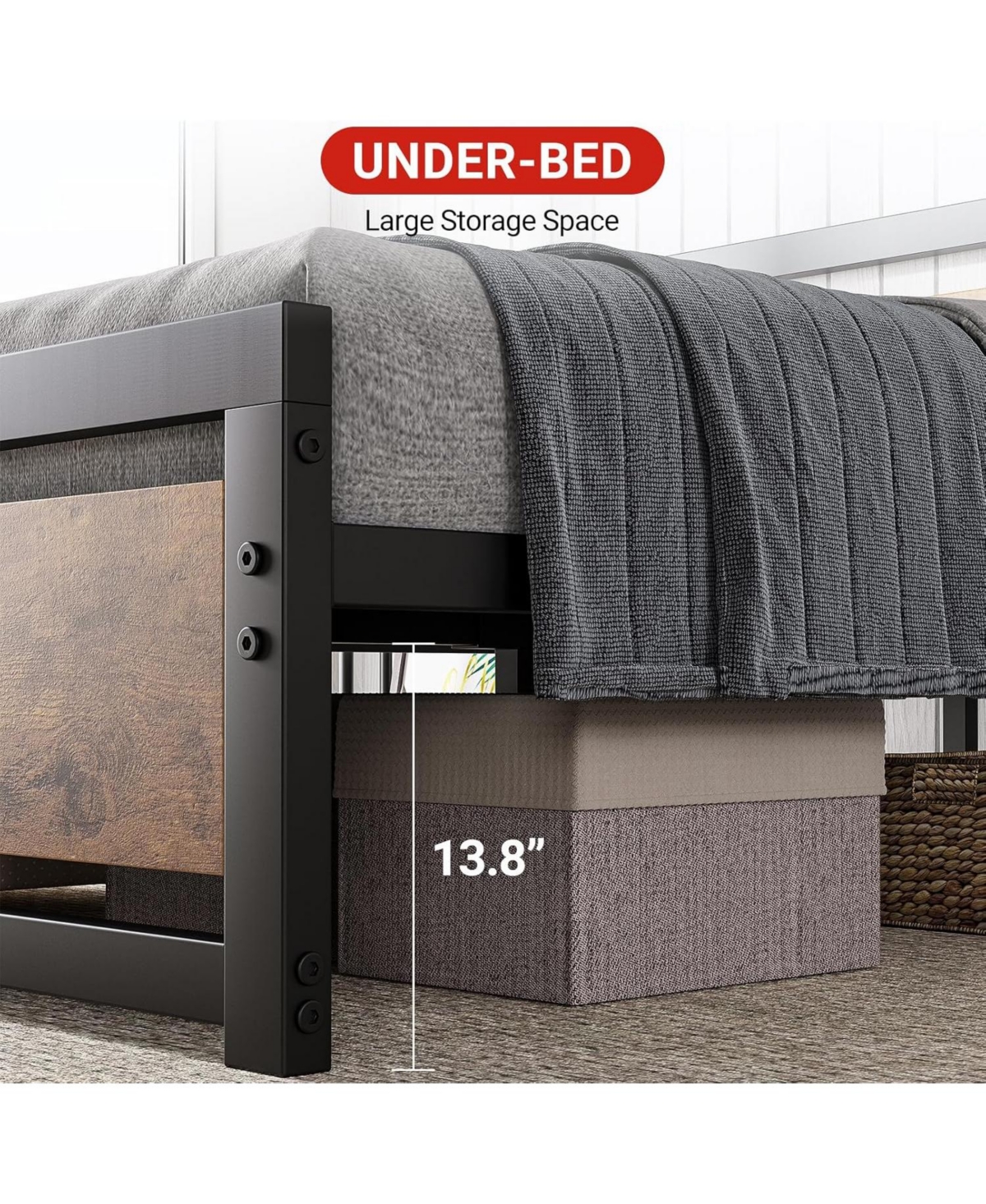 gaomon 14 Inch Heavy Duty Industrial Metal Platform Bed Frame with Wooden Headboard