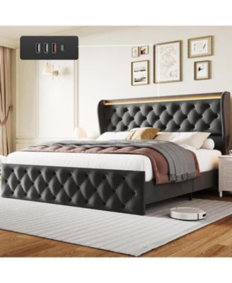  LED Platform Bed Frame with Charging Station, Velvet Upholstered Bed Frame with Button Wingback Headboard, No Box Spring Needed