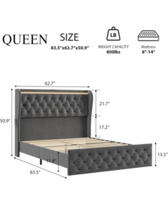  LED Platform Bed Frame with Charging Station, Velvet Upholstered Bed Frame with Button Wingback Headboard, No Box Spring Needed