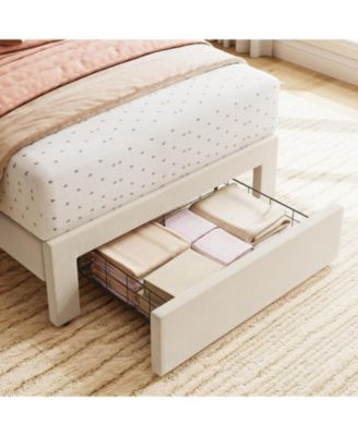 Twin Bed Frame with Drawer, Velvet Upholstered Platform Bed with Wave Headboard for Kids/Girls, Wooden Slats Support, No Box Spring Needed