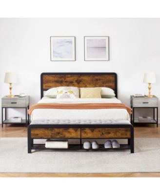 Full Size Bed Frame with Wood Headboard and Storage Bench, Bed Bench with Seat Cushion, Metal Slats Support, Safety Rounded Corners, Brown