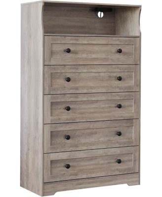 5-Drawer Wooden Dresser with LED Lights & Charging Station, Modern Nightstand Chest for Bedroom