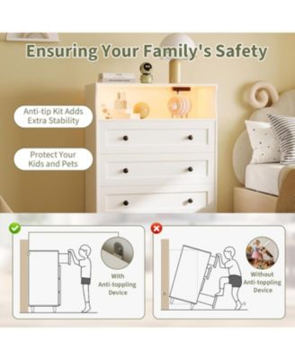 4-Drawer Wooden Dresser with LED Lights & Charging Station, Modern Nightstand Chest for Bedroom