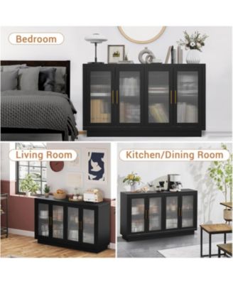 55.1" Buffet Cabinet with Storage, Modern Sideboard with 4 Fluted Glass Doors and Adjustable Shelf, Coffee Bar