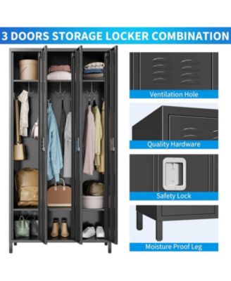 72" Tall 3-Door Metal Office Storage Cabinet with Hooks and Shelves, Steel Locker Cabinet for Office or Gym