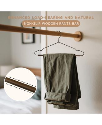 36-Pack Heavy Duty Metal Coat Hangers with Wooden Pants Bar, Reinforced Wire Hangers with Beech Wood Trouser Bar for Suits
