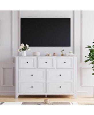 7 Drawer Dresser, Modern Wood Chest with Gold Handles and Large Storage for Bedroom or Hallway, White