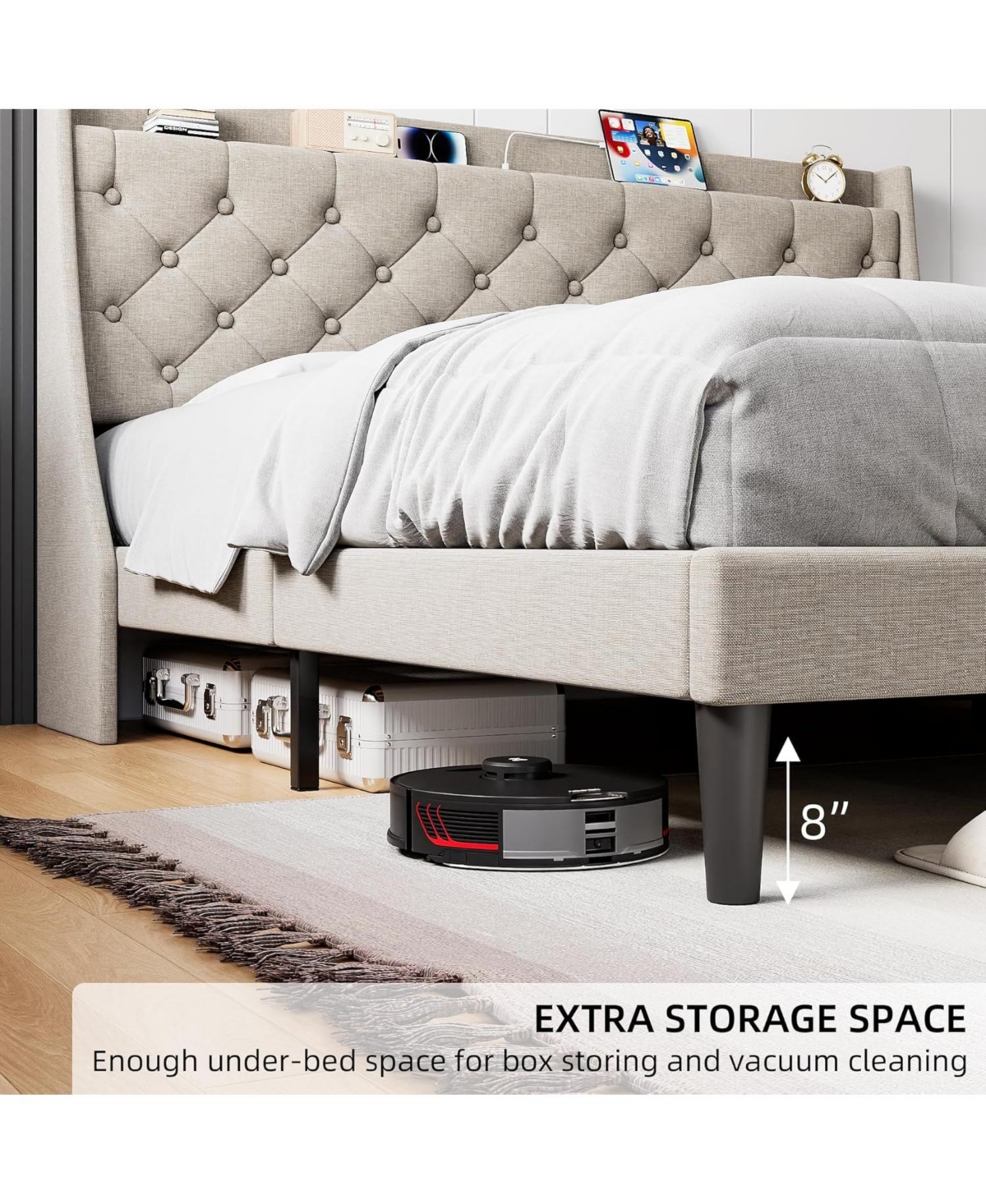 gaomon King Linen Upholstered Platform Bed Frame with Wingback Headboard Built-in Storage Shelf Power Outlets Usb Ports Wood Slats Underbed Space