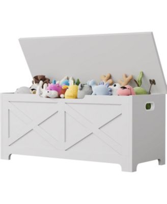39.4" Wooden Storage Chest, Storage Bench with Safety Hinges for Entryway & Living Room, White