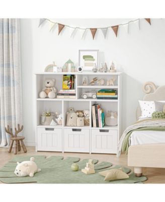 Toy Storage Cabinet with 3 Movable Drawers and 6 Cubes, Kids Bookshelf Organizer with Wheels