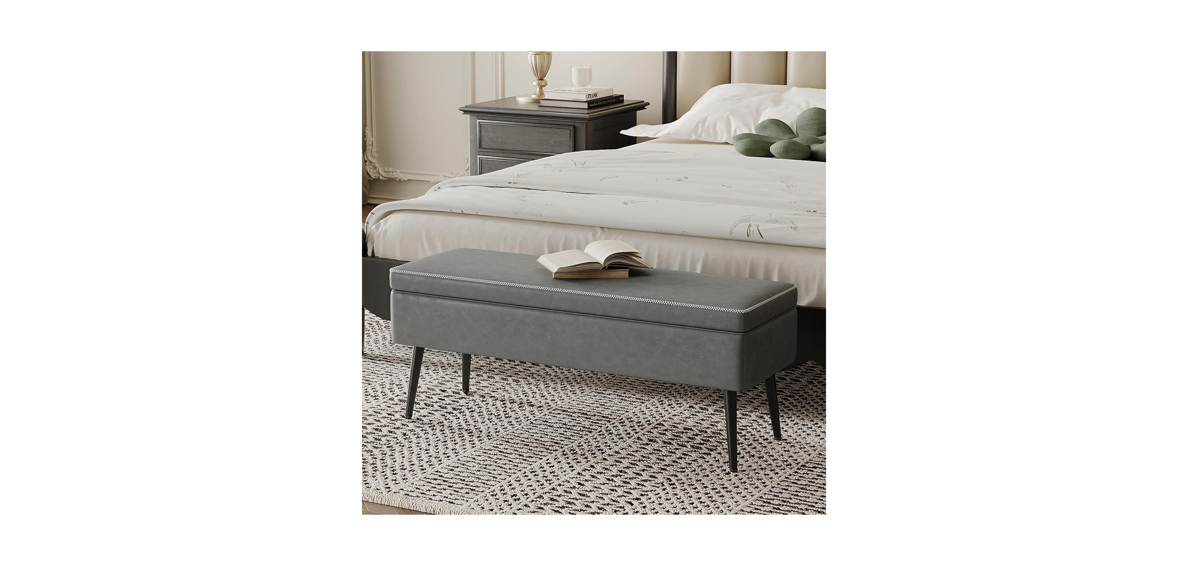 gaomon Pu Leather Upholstered Storage Ottoman Bench, 48 Inch End of Bed Bench with Storage & Sturdy Iron Legs, 680 Lbs Capacity, Grey Ottoman