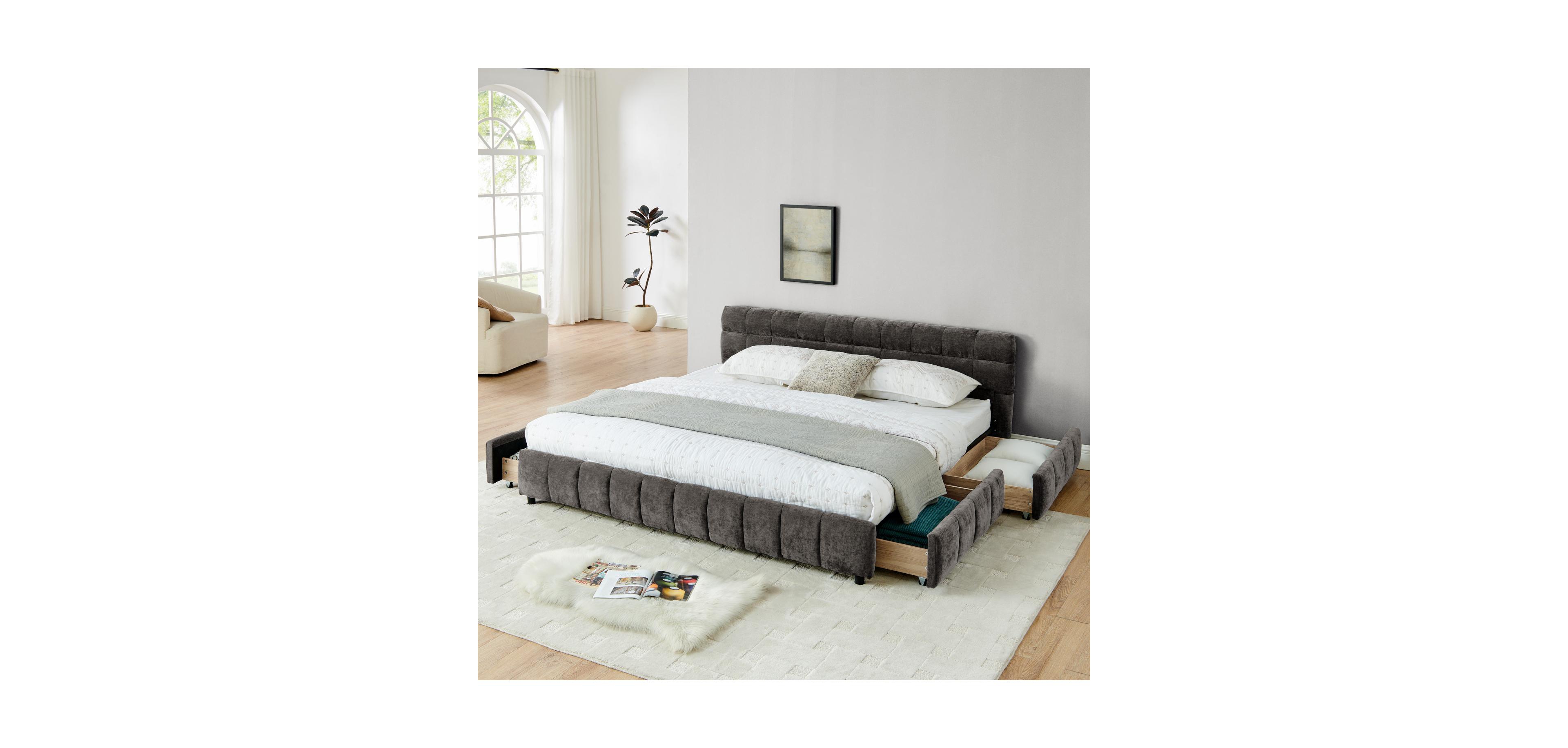 Streamdale Furniture King Size Upholstered Bed Frame - Chenille Fabric, Storage Drawer