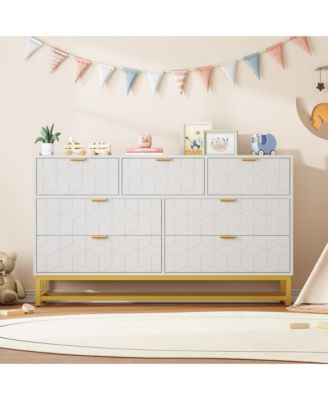 Modern Dresser for Bedroom, 53.5" Wide 7-Drawer Organizer with Golden Metal Handles and Legs, Stylish Chest of Drawers for Living Room