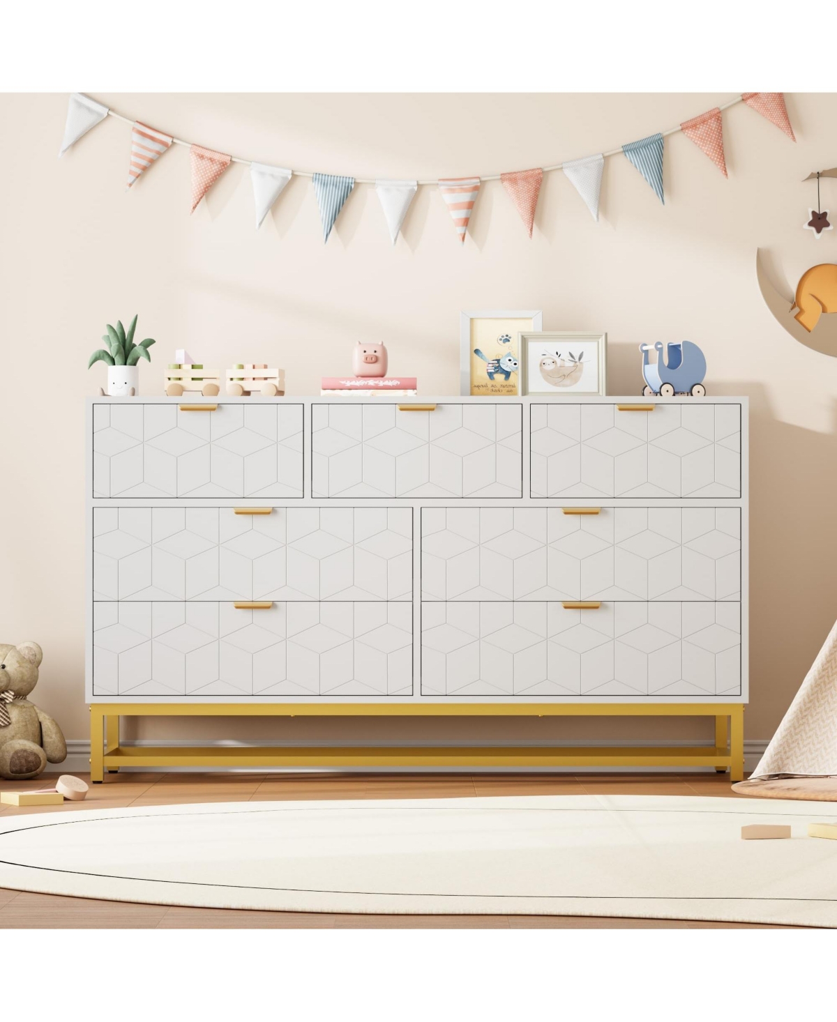 gaomon Modern Dresser for Bedroom, 53.5" Wide 7-Drawer Organizer with Golden Metal Handles and Legs, Stylish Chest of Drawers Living Room