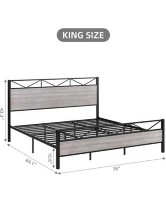 King Size Bed Frame with Rustic Wood Headboard and Footboard, Heavy Duty Metal Platform Bed Frame with Steel Slat Support