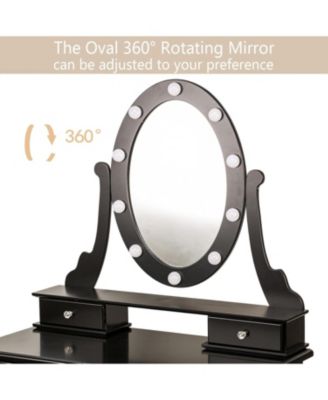 Vanity Desk with Mirror and Lights, Wood Makeup Dressing Table with Stool and 5 Drawers, Black