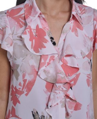 Women's Printed Cap-Sleeve Ruffle Front Top