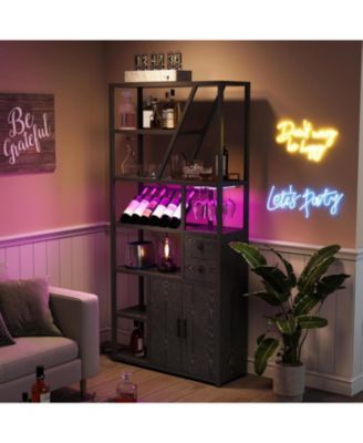 Bar Cabinet with LED Lights, Tall Coffee Bar Station with Power Outlets and Storage Rack