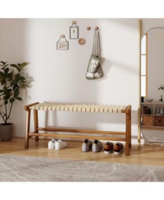 47" Teak Wood Patio Bench with Woven Seat and Solid Legs