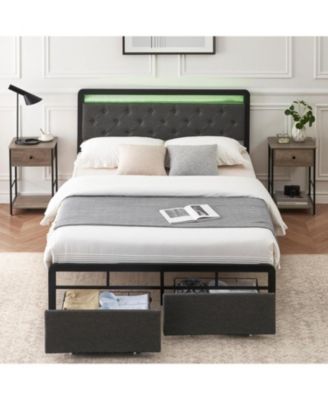 Size Bed Frame with LED Lights, Upholstered Bed Storage Headboard & Drawers, Metal Platform Bed Frame, No Box Spring Needed