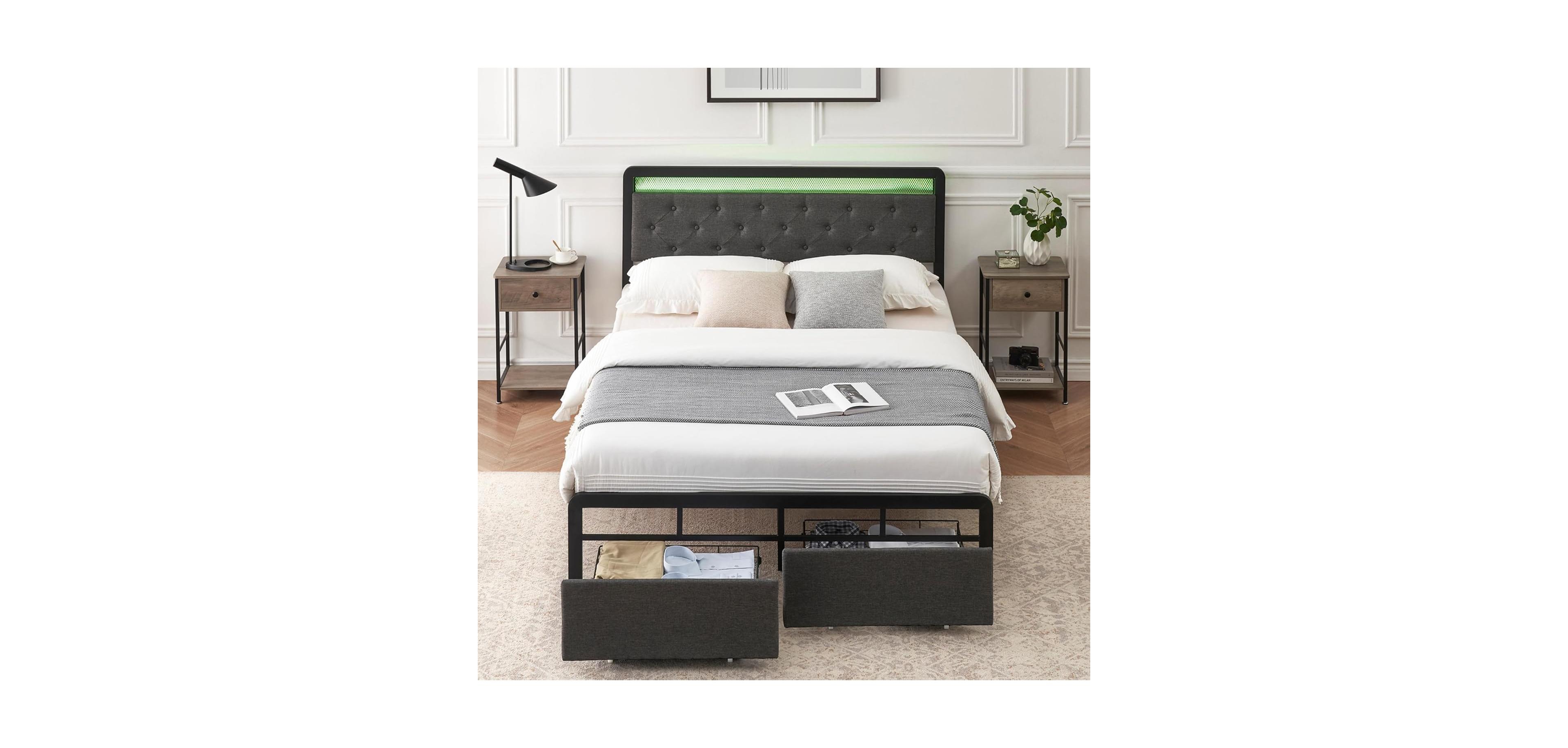 gaomon Size Bed Frame with Led Lights, Upholstered Bed Storage Headboard & Drawers, Metal Platform Bed Frame, No Box Spring Needed