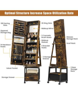 360° Swivel Jewelry Armoire with Storage Shelf and Drawer, 66" Full-Length Mirror Cabinet on Wheels