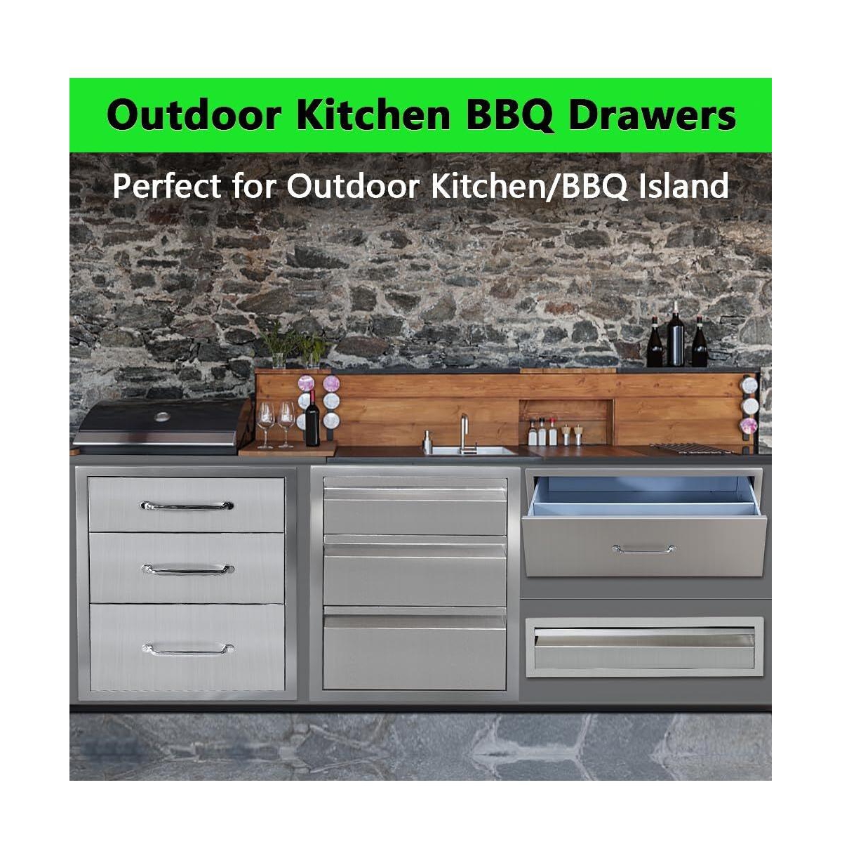 gaomon 24" Outdoor Kitchen Drawers, Stainless Steel Single-Layer Flush Mount Bbq Drawers for Grill Station, Silver