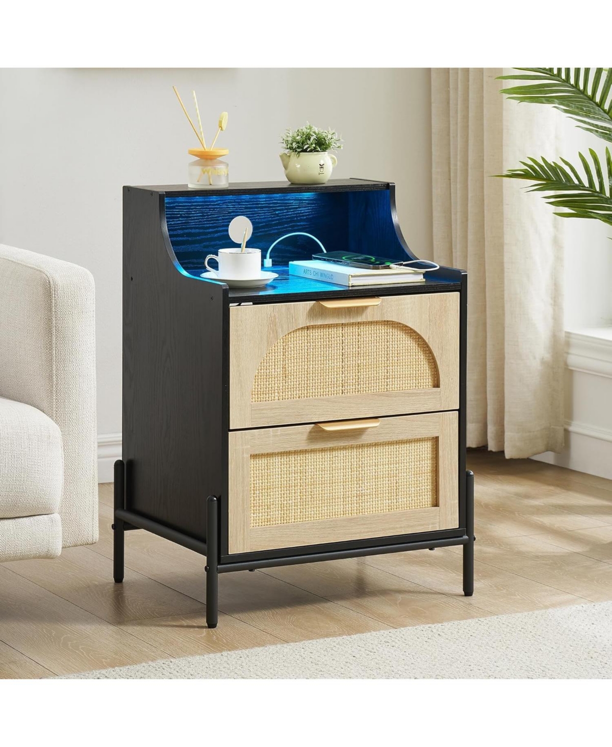 gaomon Nightstand with Led Lights, Bedside Table with 2 Drawers and Curved Shelves,