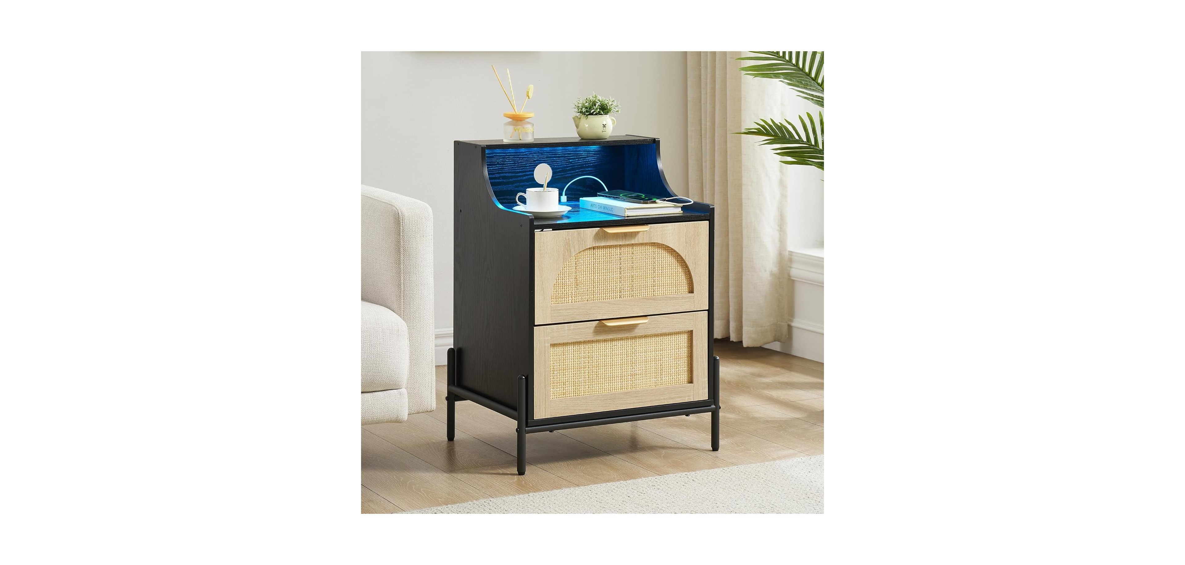 gaomon Nightstand with Led Lights, Bedside Table with 2 Drawers and Curved Shelves,