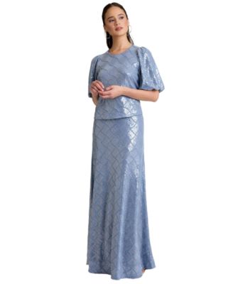 Women's Crew Neck Bubble Short-Sleeve Top and Fit & Flare Silhouette Pull-On Skirts