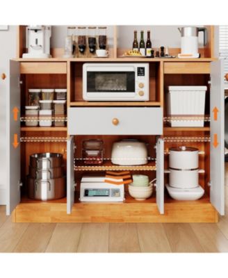 Small Farmhouse Coffee Bar Cabinet, Wood Buffet Hutch with 4 Doors & Adjustable Shelves