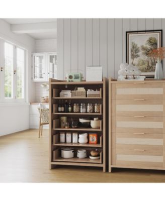 Rattan 5-Drawer Dresser for Bedroom, Boho Wooden Chest of Drawers with Large Storage