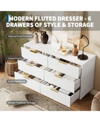 Fluted 6-Drawer Dresser for Bedroom, 47" Wide Modern Wooden Chest of Drawers