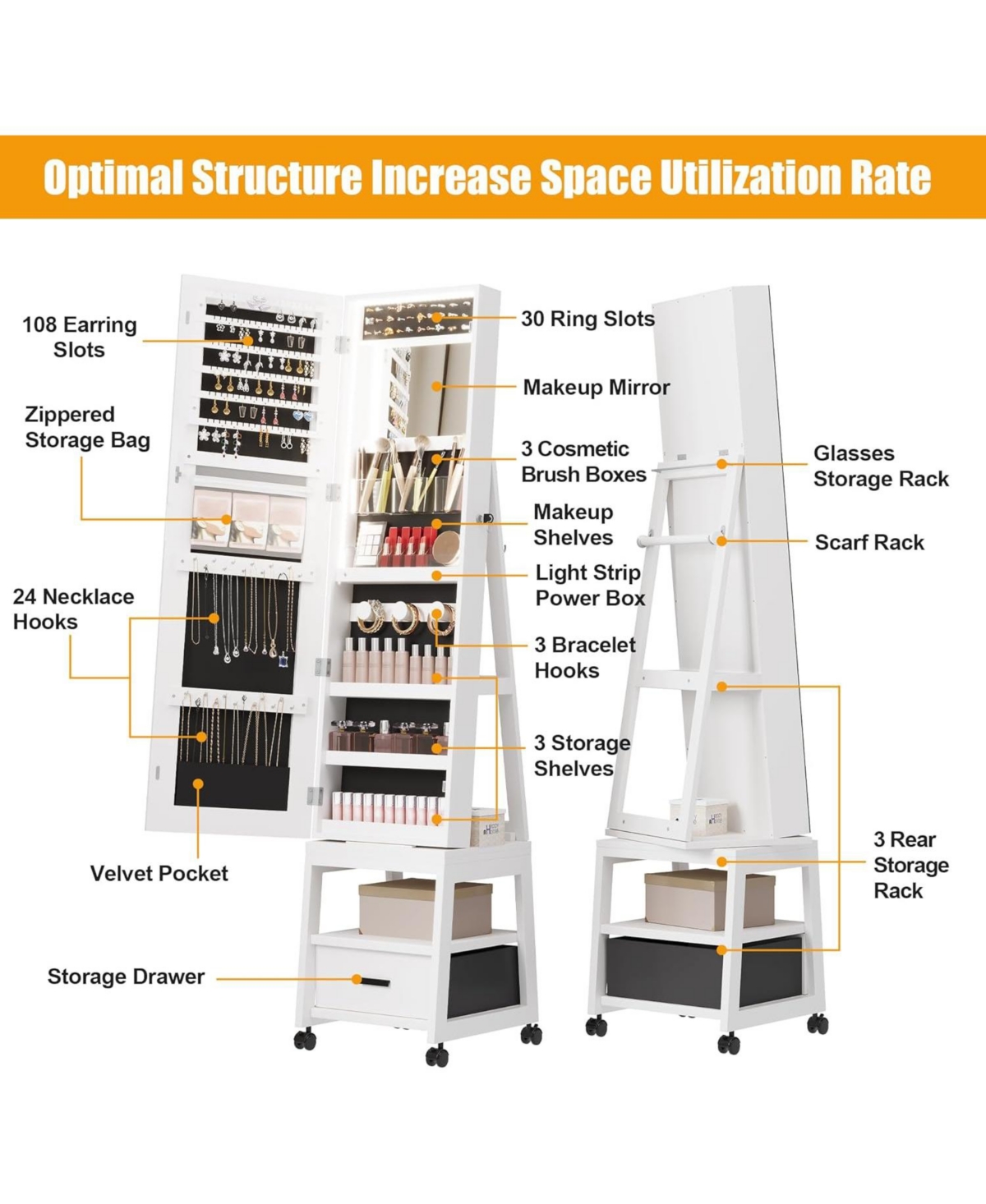 Gaomon 360° Swivel Jewelry Cabinet with Led Lights, Full-Length Mirror and Jewelry Storage, White