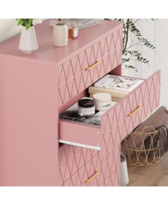 5-Drawer Tall Dresser for Bedroom, Wooden Chest of Drawers with Gold Handles for Closet Storage, Pink