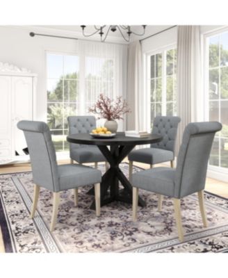 Banff 5-piece Dining Set, Cross-Buck Round Table with 4 Tufted Chairs, Gray