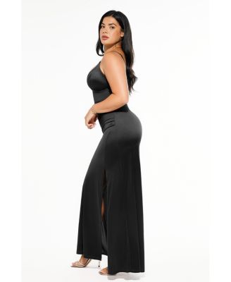 Women's Shapewear Satin Deep-V Front Slit Maxi Dress