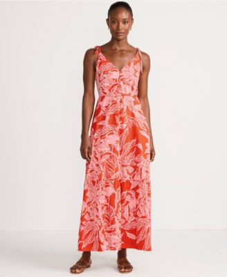 Women's Cotton Voile Vneck Tie Strap Maxi Dress