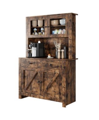 Kitchen Pantry Cabinet with Microwave Stand, Freestanding Hutch Storage Cupboard, Brown