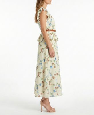 Women's Belted V-Neck Peplum Dress