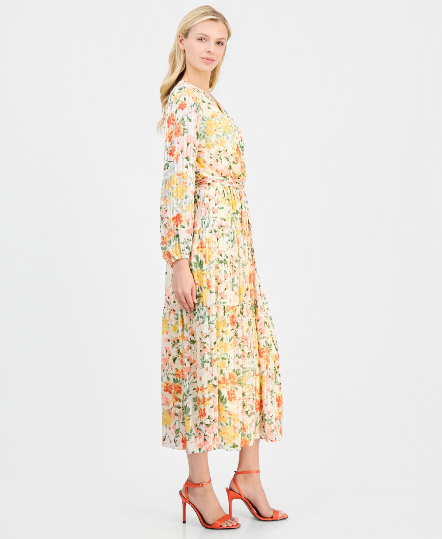 Женское платье Robbie Bee Pleated Tiered, цвет: Жёлтый / Коралловый — фото 4