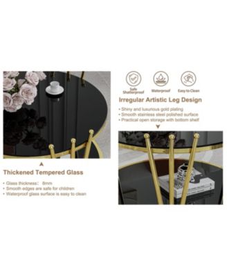 31.5" Modern Gold Coffee Table, Crown Legs, Black Tempered Glass